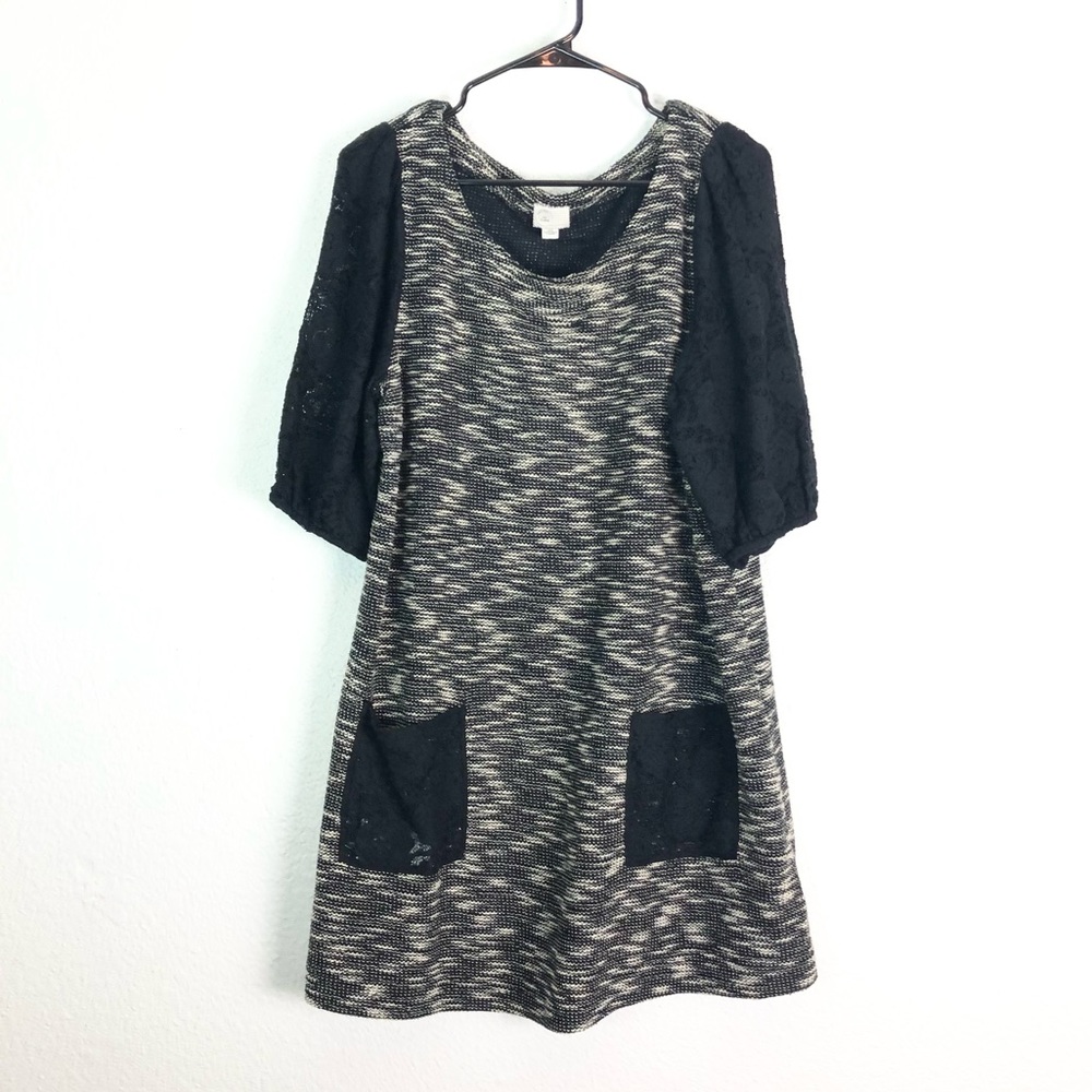Anthropologie H-915 Tweed Dress Lace Sleeve Black XL